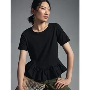Maeve Anthropologie Black Short Sleeve Ruffle Hem Blouse Women's size XS